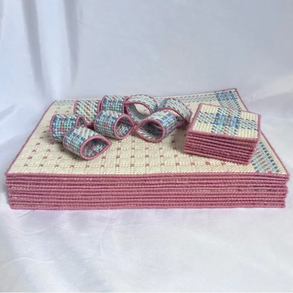 NEEDLEPOINT Vintage 26pc Placemats Coasters & Napkin Rings Set Table Setting